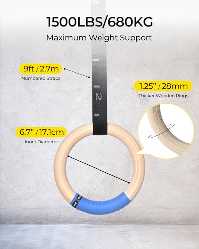 PACEARTH Gymnastics Rings Wooden Olympic Rings 1500/1000lbs with Adjustable Cam Buckle 14.76ft/9ft Long Straps with Scale Non-Slip Gym Rings for Home Gym Full Body Workout - Image 4