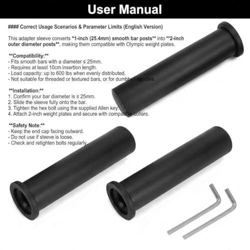 QWORK Adapter Sleeves 1" to 2" – 8" Length, 2 Pairs, 600 lbs Load, Locking Bolt & Caps for Racks, Bars & Plates - Image 8