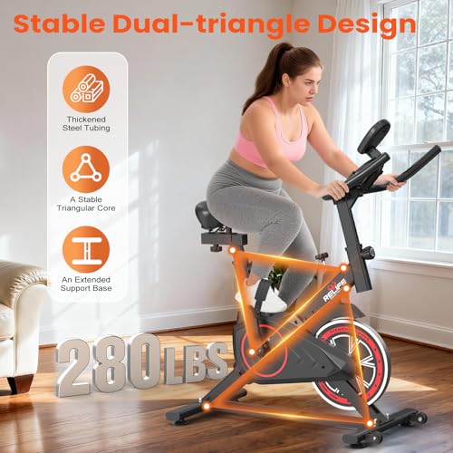 RELIFE REBUILD YOUR LIFE Exercise Bike Stationary for Home Indoor,Cycling Bike with Silent Belt Drive for Home Cardio,Brake Pad Resistance with djustable & Comfort Seat/PAD Holder/LCD Monitor. - Image 8