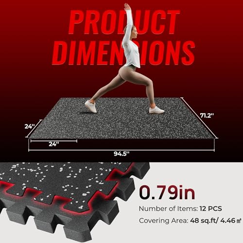 SUPERJARE 0.79'' Extra-Thick Exercise Equipment Mats, 12 Pcs 48 Sq Ft Rubber Top Floor Tiles with High Density EVA Foam, Interlocking Gym Flooring for Home Gym, Workout Mat, Black/Grey - Image 3