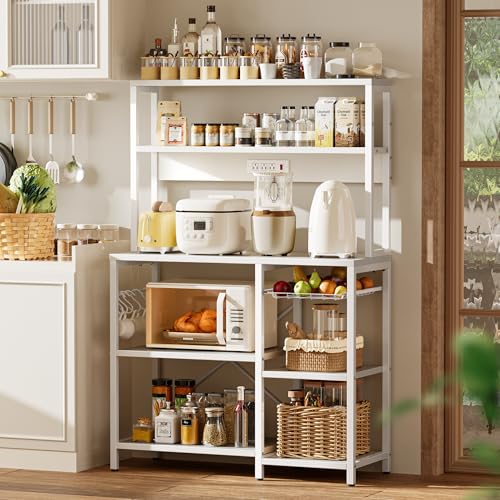 SUPERJARE Bakers Rack with Power Outlet, 35.4 Inches Coffee Bar with Wire Basket, Kitchen Microwave Stand with 6 S-Shaped Hooks, Open Storage Shelves, White - Image 3