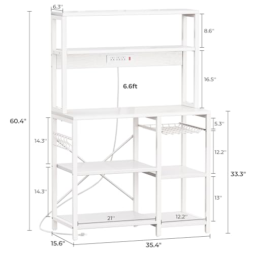 SUPERJARE Bakers Rack with Power Outlet, 35.4 Inches Coffee Bar with Wire Basket, Kitchen Microwave Stand with 6 S-Shaped Hooks, Open Storage Shelves, White - Image 4