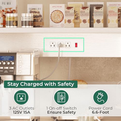 SUPERJARE Bakers Rack with Power Outlet, 35.4 Inches Coffee Bar with Wire Basket, Kitchen Microwave Stand with 6 S-Shaped Hooks, Open Storage Shelves, White - Image 5
