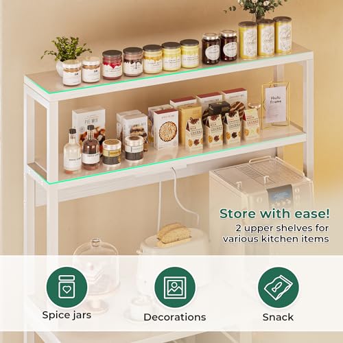 SUPERJARE Bakers Rack with Power Outlet, 35.4 Inches Coffee Bar with Wire Basket, Kitchen Microwave Stand with 6 S-Shaped Hooks, Open Storage Shelves, White - Image 6