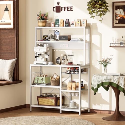 SUPERJARE Bakers Rack with Power Outlet, 35.4 Inches Coffee Bar with Wire Basket, Kitchen Microwave Stand with 6 S-Shaped Hooks, Open Storage Shelves, White - Image 7