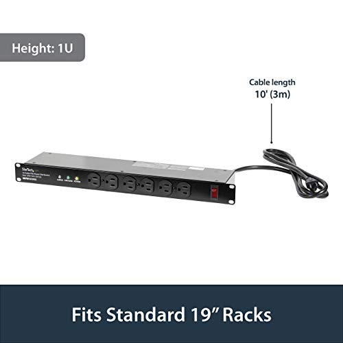 StarTech.com 16 Outlet Horizontal 1U Rack Mount PDU Power Strip for Network Server Racks - Surge Protection - 120V/15A - 6ft Power Cord (RKPW161915) - Image 3