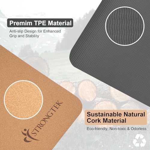 StrongTek Eco-Friendly Cork Yoga Mat, 7mm Thick, 72"x24", Cork+TPE, 2 lbs, Non-Slip, Lightweight & Cushioned Mat for Hot Yoga, Pilates & Home Fitness, Durable Surface with Natural Grip and Carry Strap - Image 3