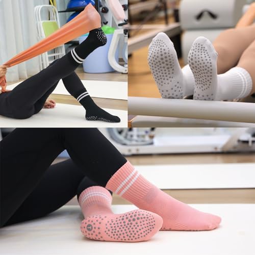 Toes Home Pilates Socks for Women with Non Slip Grippers, Yoga Crew Socks for Barre Hospital Sticky Slipper Socks 4 Pairs - Image 3