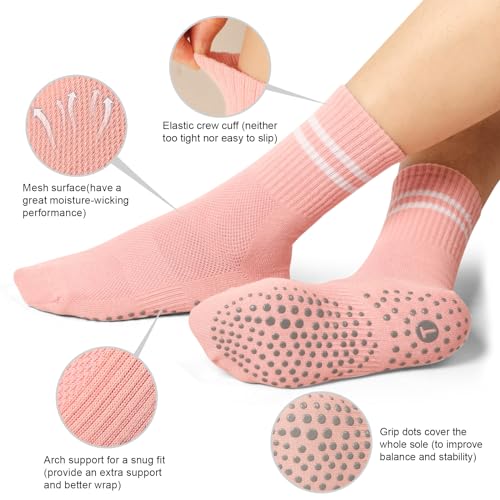 Toes Home Pilates Socks for Women with Non Slip Grippers, Yoga Crew Socks for Barre Hospital Sticky Slipper Socks 4 Pairs - Image 5