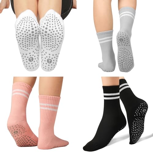 Toes Home Pilates Socks for Women with Non Slip Grippers, Yoga Crew Socks for Barre Hospital Sticky Slipper Socks 4 Pairs - Image 6