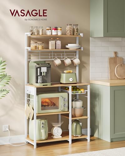 VASAGLE Bakers Rack with Power Outlet, 35.4 Inches Microwave Stand, Coffee Bar, 4 AC Outlets, with Adjustable Shelves, 8 S-Hooks, Basket, Spice Racks, Golden Oak and Cloud White UKKS031Y09 - Image 3