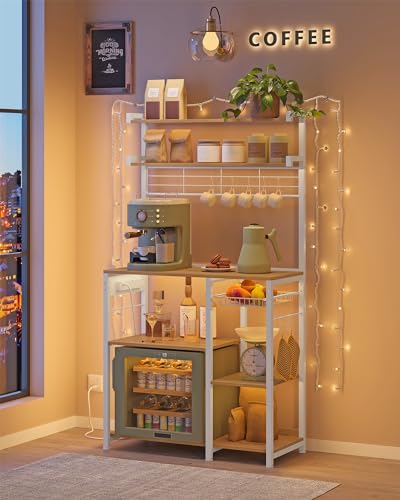 VASAGLE Bakers Rack with Power Outlet, 35.4 Inches Microwave Stand, Coffee Bar, 4 AC Outlets, with Adjustable Shelves, 8 S-Hooks, Basket, Spice Racks, Golden Oak and Cloud White UKKS031Y09 - Image 5
