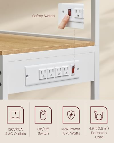 VASAGLE Bakers Rack with Power Outlet, 35.4 Inches Microwave Stand, Coffee Bar, 4 AC Outlets, with Adjustable Shelves, 8 S-Hooks, Basket, Spice Racks, Golden Oak and Cloud White UKKS031Y09 - Image 6