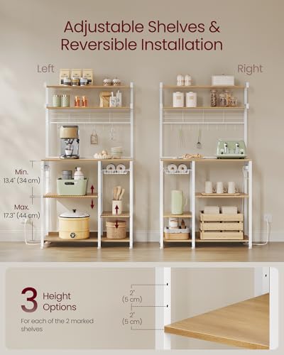 VASAGLE Bakers Rack with Power Outlet, 35.4 Inches Microwave Stand, Coffee Bar, 4 AC Outlets, with Adjustable Shelves, 8 S-Hooks, Basket, Spice Racks, Golden Oak and Cloud White UKKS031Y09 - Image 7