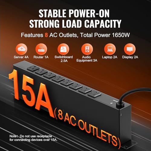 VEVOR 8 Outlet Horizontal 1U Rack Mount PDU Power Strip for Network Server Racks, Surge Protection & Overload Protection, 110-125V/15A, with 6ft 14AWG Power Cord - Image 4