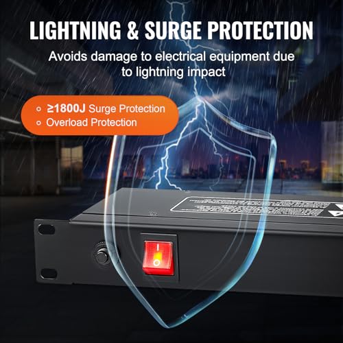 VEVOR 8 Outlet Horizontal 1U Rack Mount PDU Power Strip for Network Server Racks, Surge Protection & Overload Protection, 110-125V/15A, with 6ft 14AWG Power Cord - Image 5
