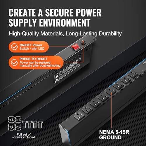 VEVOR 8 Outlet Horizontal 1U Rack Mount PDU Power Strip for Network Server Racks, Surge Protection & Overload Protection, 110-125V/15A, with 6ft 14AWG Power Cord - Image 7