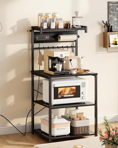 VEVOR Kitchen Bakers Rack with Power Outlets, 23.6 x 15.7 x 55.1 Inch Microwave Stand with Built-in Power Strip & 4.6 Ft Cord, 8 S-Shaped Hooks, for Dish Storage, Spice Jars, Coffee Bar Organization - Image 3