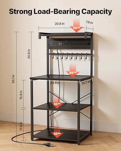 VEVOR Kitchen Bakers Rack with Power Outlets, 23.6 x 15.7 x 55.1 Inch Microwave Stand with Built-in Power Strip & 4.6 Ft Cord, 8 S-Shaped Hooks, for Dish Storage, Spice Jars, Coffee Bar Organization - Image 4
