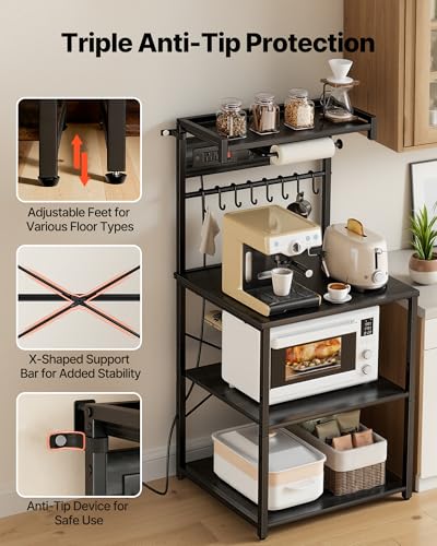 VEVOR Kitchen Bakers Rack with Power Outlets, 23.6 x 15.7 x 55.1 Inch Microwave Stand with Built-in Power Strip & 4.6 Ft Cord, 8 S-Shaped Hooks, for Dish Storage, Spice Jars, Coffee Bar Organization - Image 8