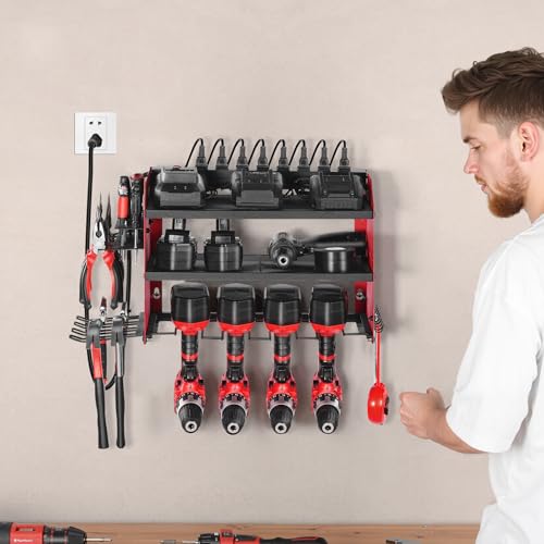 VEVOR Power Tool Organizer with Charging Station, 3-Layer Drill Storage Rack with 4 Drill Holders & Side Pegboard, Garage Tool Organizer Built in 8 Outlet Power Strips for Garage, Workbench, Workshop - Image 3