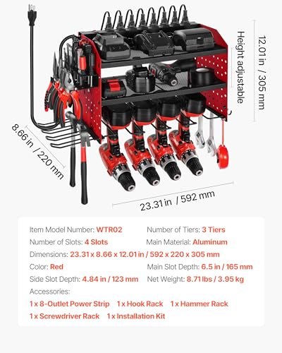 VEVOR Power Tool Organizer with Charging Station, 3-Layer Drill Storage Rack with 4 Drill Holders & Side Pegboard, Garage Tool Organizer Built in 8 Outlet Power Strips for Garage, Workbench, Workshop - Image 4