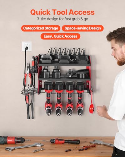 VEVOR Power Tool Organizer with Charging Station, 3-Layer Drill Storage Rack with 4 Drill Holders & Side Pegboard, Garage Tool Organizer Built in 8 Outlet Power Strips for Garage, Workbench, Workshop - Image 5
