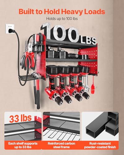 VEVOR Power Tool Organizer with Charging Station, 3-Layer Drill Storage Rack with 4 Drill Holders & Side Pegboard, Garage Tool Organizer Built in 8 Outlet Power Strips for Garage, Workbench, Workshop - Image 8
