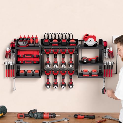 VEVOR Power Tool Organizer with Charging Station, 3-Layer Power Tool Battery Storage Rack with 5.58 ft Power Strip, 8 Drill Holders & 8 Outlets, Garage Tool Organizer for Garage, Workbench, Workshop - Image 3