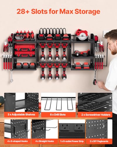 VEVOR Power Tool Organizer with Charging Station, 3-Layer Power Tool Battery Storage Rack with 5.58 ft Power Strip, 8 Drill Holders & 8 Outlets, Garage Tool Organizer for Garage, Workbench, Workshop - Image 5