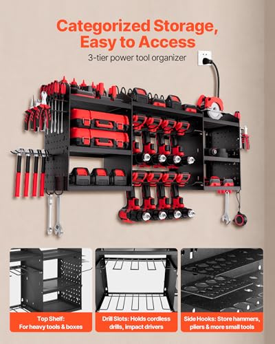VEVOR Power Tool Organizer with Charging Station, 3-Layer Power Tool Battery Storage Rack with 5.58 ft Power Strip, 8 Drill Holders & 8 Outlets, Garage Tool Organizer for Garage, Workbench, Workshop - Image 6