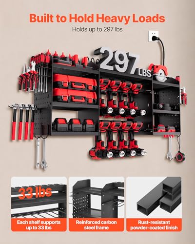 VEVOR Power Tool Organizer with Charging Station, 3-Layer Power Tool Battery Storage Rack with 5.58 ft Power Strip, 8 Drill Holders & 8 Outlets, Garage Tool Organizer for Garage, Workbench, Workshop - Image 8
