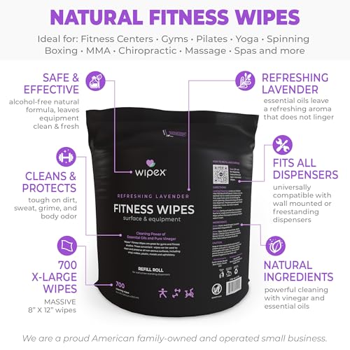 Wipex Gym Wipes Refill, 700 Count, Large 8"x12" Fitness Equipment Wipes with Cleaning Vinegar and Refreshing Lavender Essential Oil for Yoga Mat Cleaner, Fits Dispensers, 700 Count (Pack of 1) - Image 3