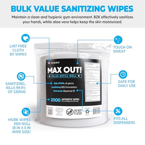 Wipex Max Out Sanitizing Wipes for Fitness Centers - 2000 Wipes Per Roll, Pack of 2, Economy Size Refill Rolls for Dispensers, 5"x8" - Ideal for High Volume Commercial Gyms, Schools & Studios - Image 3