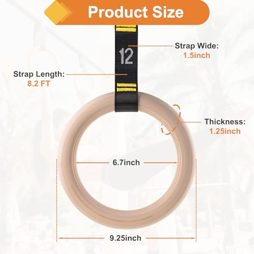 Wooden Gym Rings with 9ft Double-Layer Numbered Straps Quick Adjust. 1.25” Olympic Rings for Home Gym Small Apartment Hotel Camping Full Body Workout Calisthenics Strength Training Body - Image 3