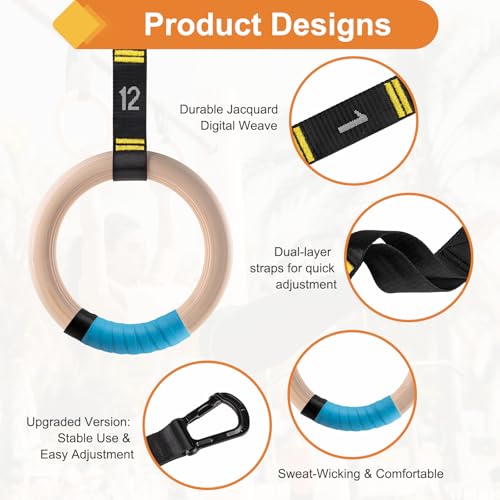 Wooden Gym Rings with 9ft Double-Layer Numbered Straps Quick Adjust. 1.25” Olympic Rings for Home Gym Small Apartment Hotel Camping Full Body Workout Calisthenics Strength Training Body - Image 4