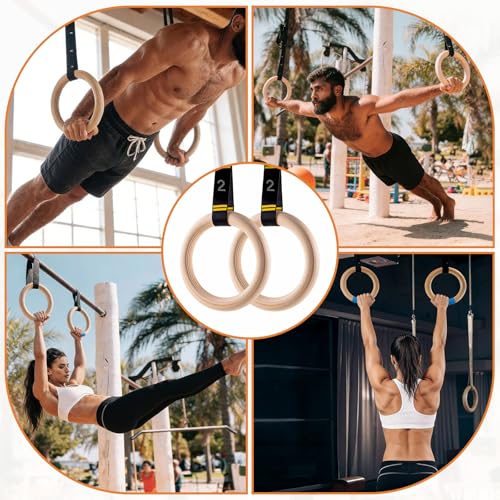 Wooden Gym Rings with 9ft Double-Layer Numbered Straps Quick Adjust. 1.25” Olympic Rings for Home Gym Small Apartment Hotel Camping Full Body Workout Calisthenics Strength Training Body - Image 6