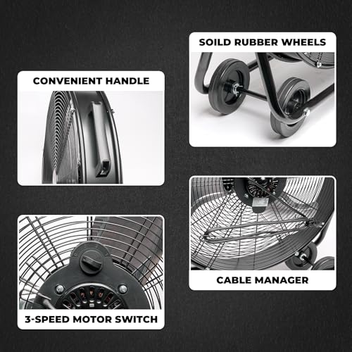 XtremepowerUS 24" Industrial Shop Fan High-Velocity Flow Drum Fan Floor Fan Rolling Drum Garage Tilt 3 Adjustable Speed Commercial, Gym, Garage Use, Black - Image 6