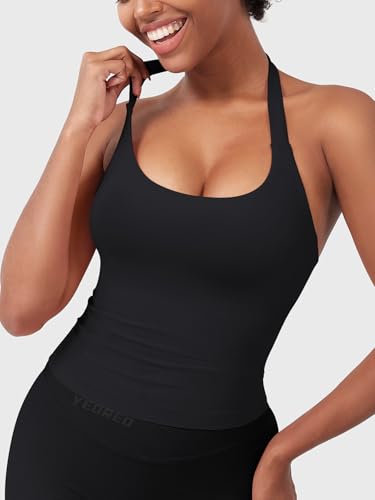 YEOREO SoftHue Women's Impact Halter Tank Top Longline Backless Scoop Neck Built-in Bra Sports Workout Gym Crop Top - Image 4