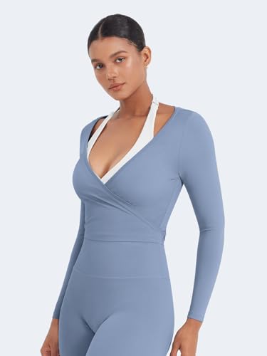 YEOREO Women Pilates Wrap Top Long Sleeve Tie Ballet Workout Yoga Shirt Michelie Y2K V Neck Cropped Tops - Image 4