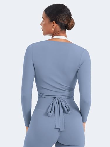 YEOREO Women Pilates Wrap Top Long Sleeve Tie Ballet Workout Yoga Shirt Michelie Y2K V Neck Cropped Tops - Image 5