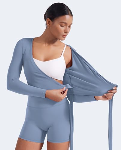 YEOREO Women Pilates Wrap Top Long Sleeve Tie Ballet Workout Yoga Shirt Michelie Y2K V Neck Cropped Tops - Image 6