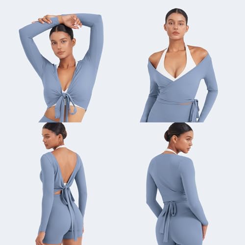 YEOREO Women Pilates Wrap Top Long Sleeve Tie Ballet Workout Yoga Shirt Michelie Y2K V Neck Cropped Tops - Image 7