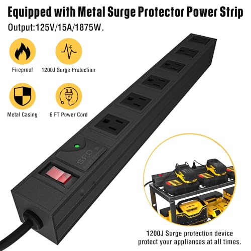 YYR Heavy Duty Power Tool Organizer with Charging Station, Cordless Drill Hanger Storage Rack, Battery Tools Holder Wall Mount Shelf for Garage - 32 Inch Equipped with Surge Protection Power Strip - Image 4