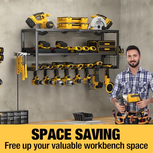 YYR Heavy Duty Power Tool Organizer with Charging Station, Cordless Drill Hanger Storage Rack, Battery Tools Holder Wall Mount Shelf for Garage - 32 Inch Equipped with Surge Protection Power Strip - Image 5