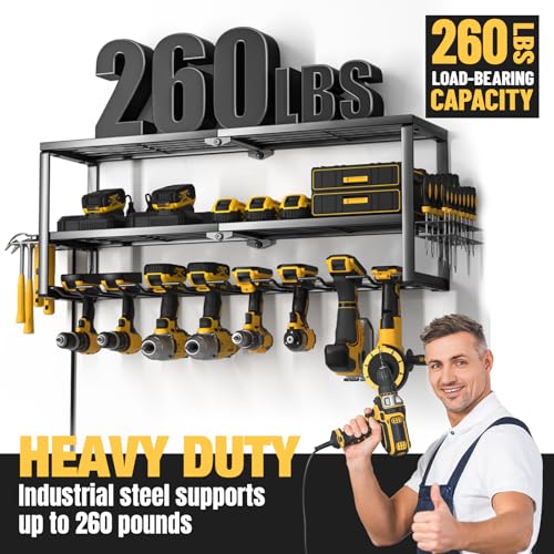 YYR Heavy Duty Power Tool Organizer with Charging Station, Cordless Drill Hanger Storage Rack, Battery Tools Holder Wall Mount Shelf for Garage - 32 Inch Equipped with Surge Protection Power Strip - Image 6
