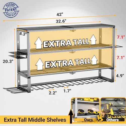 YYR Large Power Tool Organizer Wall Mount, Heavy Duty Metal Cordless Drill Storage Rack with Battery Charging Station Shelf, Utility Racks for Garage Organization, 4 Layer 10 Drills Holder Extra Tall - Image 3