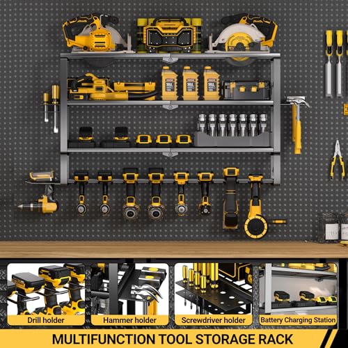 YYR Large Power Tool Organizer Wall Mount, Heavy Duty Metal Cordless Drill Storage Rack with Battery Charging Station Shelf, Utility Racks for Garage Organization, 4 Layer 10 Drills Holder Extra Tall - Image 4