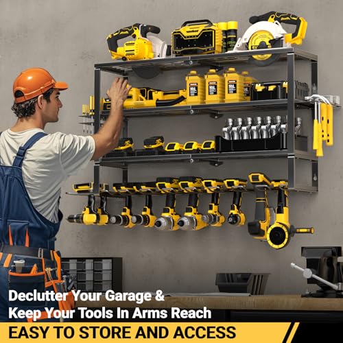 YYR Large Power Tool Organizer Wall Mount, Heavy Duty Metal Cordless Drill Storage Rack with Battery Charging Station Shelf, Utility Racks for Garage Organization, 4 Layer 10 Drills Holder Extra Tall - Image 5