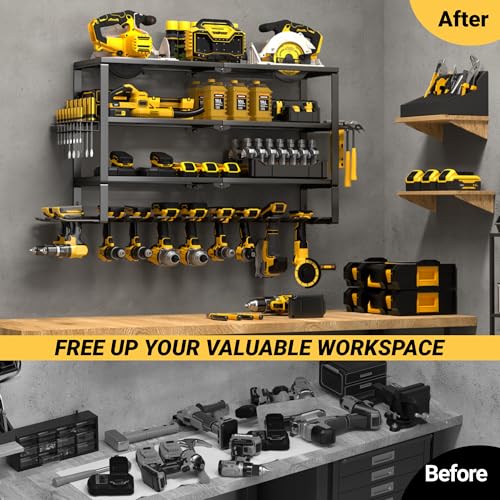 YYR Large Power Tool Organizer Wall Mount, Heavy Duty Metal Cordless Drill Storage Rack with Battery Charging Station Shelf, Utility Racks for Garage Organization, 4 Layer 10 Drills Holder Extra Tall - Image 6